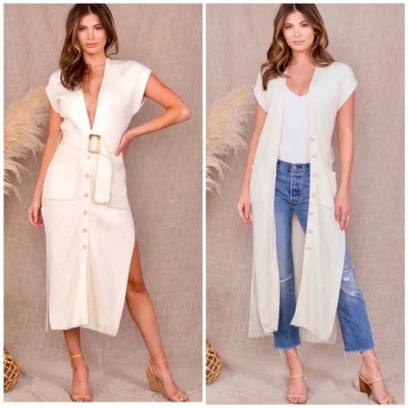 Knit Sweater Dress Cap Sleeve Belted Midi Dress - Picture 3 of 5